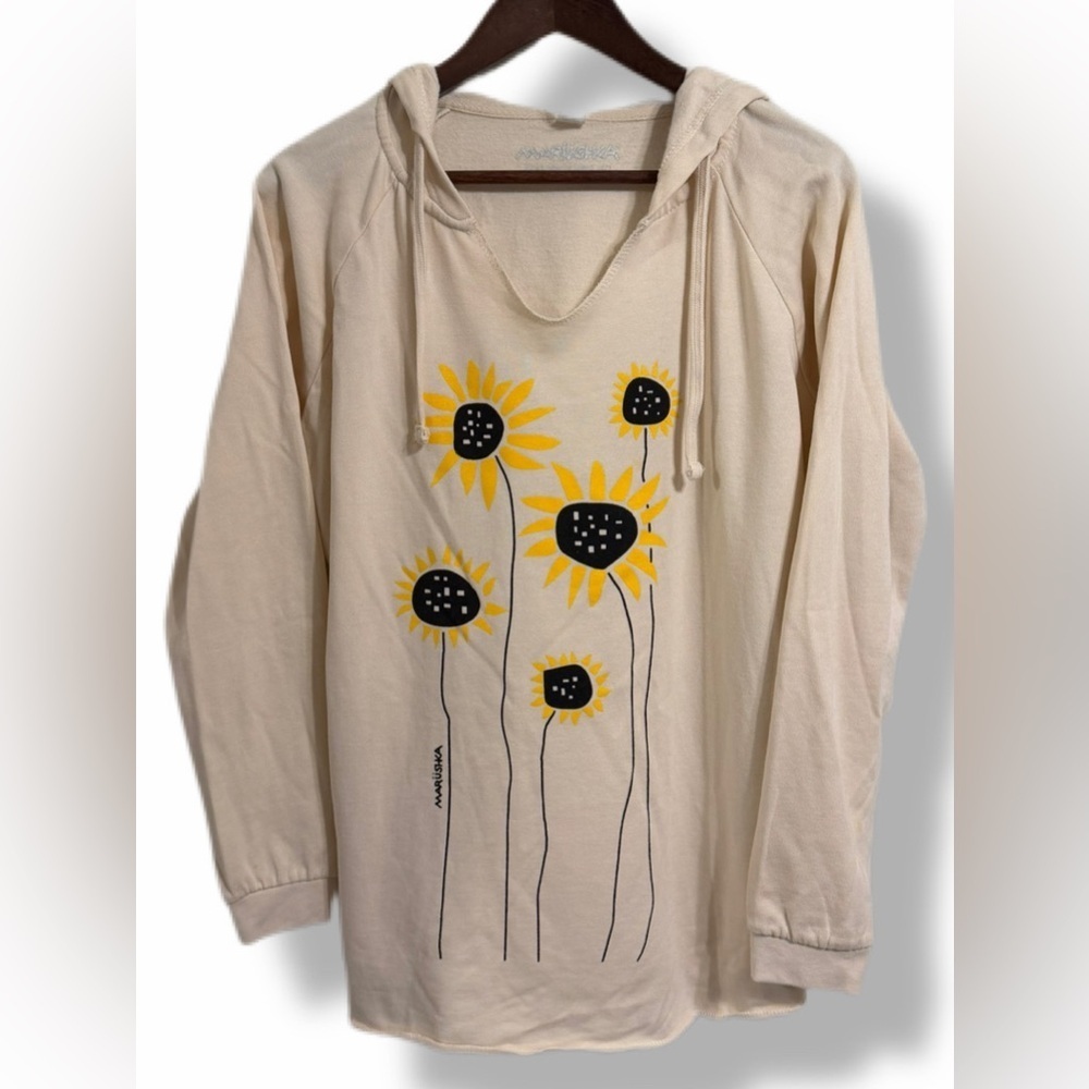 Marushka Boho Artsy Sunflower Graphic Notch Neck Hoodie Size Medium - Picture 3 of 7